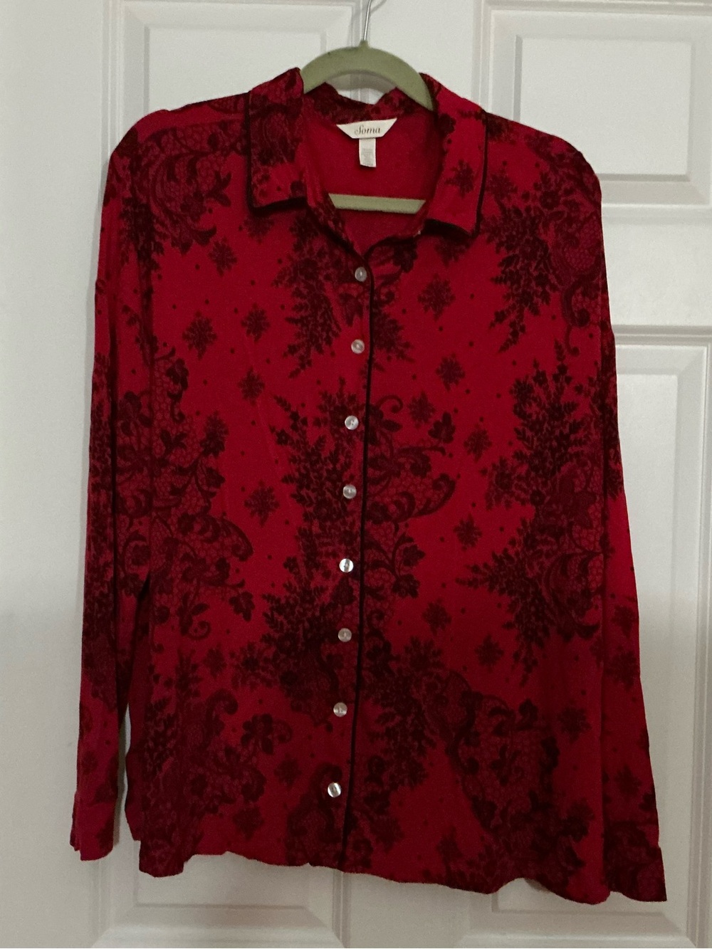 Soma Red and Black Printed Button-Front Pajama Top EUC